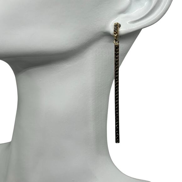 Black & Gold Linear Drop Earring - Slender Minimalist Design with Inset Crystals - Picture 1 of 6